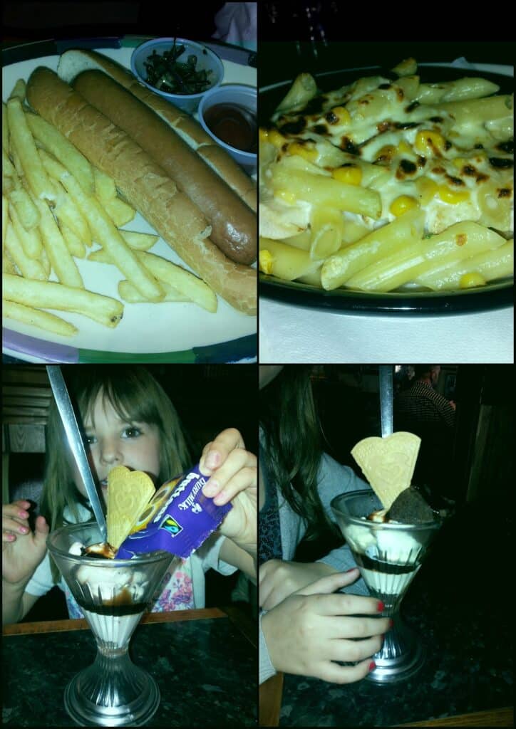 A collage of four images: top left shows a hot dog with chips and dip; top right displays baked cheesy pasta; bottom left features a child adding a Cadbury chocolate Flake to an ice cream sundae; bottom right shows hands holding an ice cream sundae with a wafer heart.