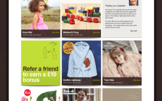 A website featuring "Today’s Sales" with six product tiles: a girl in a green dress, colourful wooden toys, a blue children’s dressing gown, grey baby shoes, a green soft toy, and a woman carrying a baby. A green banner offers a £10 referral bonus; a brown banner announces daily 8am sales.