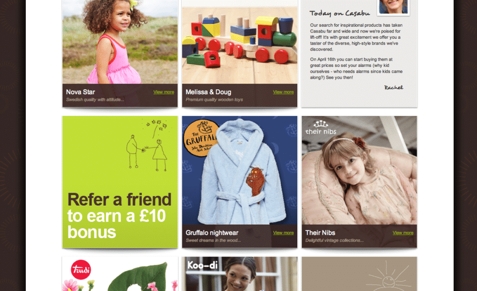 A website featuring "Today’s Sales" with six product tiles: a girl in a green dress, colourful wooden toys, a blue children’s dressing gown, grey baby shoes, a green soft toy, and a woman carrying a baby. A green banner offers a £10 referral bonus; a brown banner announces daily 8am sales.