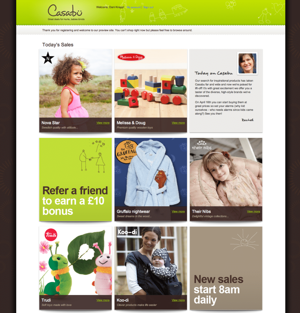 A website page shows “Casabu” at the top, followed by six product and promotional cards. Featured are a girl in a pink dress, wooden toys, a Gruffalo dressing gown, a grey baby outfit, a £10 referral offer, Trudi toys, and a woman carrying a baby in a Koo-di carrier.