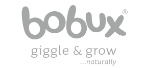 The image shows the Bobux logo in a rounded, playful grey font. Below it, the tagline “giggle & grow” appears in lighter grey, with “...naturally” beneath in an even lighter shade. The registered trademark symbol is next to "bobux".