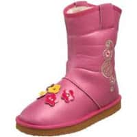 A pink children’s boot with a brown sole, decorated with colourful flower appliqués on the toe and embroidered swirl designs on the outer side. The boot appears padded and warm, suitable for cold weather.