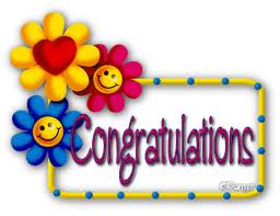 A colourful card featuring three cartoon flowers with smiley faces, one flower has a red heart centre. The word “Congratulations” is written in large, playful purple letters inside a yellow and blue frame.