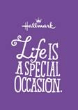 A purple background features the Hallmark logo at the top, followed by the phrase "Life is a special occasion" in large, decorative white lettering.