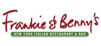 Logo for Frankie & Benny’s. The brand name is written in a casual, red handwritten font. Below, a green rectangle with white text reads: “NEW YORK ITALIAN RESTAURANT & BAR.” Background is white.