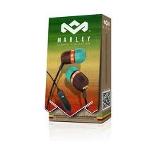 A box of Marley brand in-ear earphones is shown. The packaging features an image of the earphones, which are brown with aqua tips and red accents. The box has green, orange, and yellow tones, displaying the Marley logo and a QR code on the side.