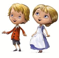 Illustration of two cheerful children with blond hair. The boy wears a red jacket, grey shorts, and brown shoes. The girl wears a blue dress with a white apron and brown shoes. Both are smiling and looking upward with excited expressions.