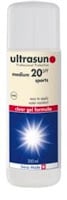 A bottle of Ultrasun Sports suncream SPF 20 with a white cap. The label is beige and blue, featuring text that says “medium 20 SPF sports,” “easy to apply, non-greasy,” “clear gel formula,” and an image of a white starburst.