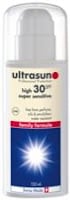 A bottle of Ultrasun Family Formula suncream SPF 30. The bottle is mostly white with a clear cap, displaying the Ultrasun logo, SPF 30, and notes like “super sensitive” and “water resistant,” with a blue label featuring a stylised white sunburst.