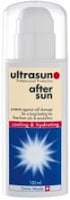A white bottle of Ultrasun After Sun with a pump dispenser. The label features black and red text and a blue section at the bottom with a white sunburst graphic. The product is described as "cooling & hydrating" and contains 150ml.