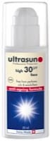 A white bottle of Ultrasun Face suncream SPF 30. The label has blue and beige sections, a red dot, and a white starburst graphic. Text highlights that it is for the face, has high UVA/UVB protection, and is free from perfume, oil, and emulsifiers.