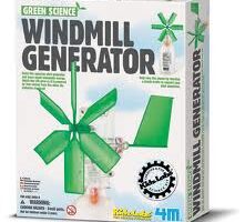 A box labelled “Windmill Generator” from the Green Science series by 4M shows a green windmill model on the front. The packaging features an image of the built windmill and emphasises STEM learning for children aged 8+.