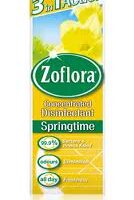A box of Zoflora concentrated disinfectant in the "Springtime" fragrance. The packaging is yellow and green, featuring yellow flowers, and states "3 in 1 Action." Claims include "99.9% bacteria/virus kill," "odours eliminated," and "all day freshness.