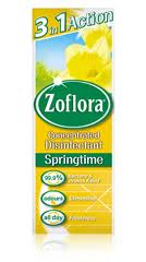 A box of Zoflora concentrated disinfectant in the "Springtime" fragrance. The packaging is yellow and green, featuring yellow flowers, and states "3 in 1 Action." Claims include "99.9% bacteria/virus kill," "odours eliminated," and "all day freshness.