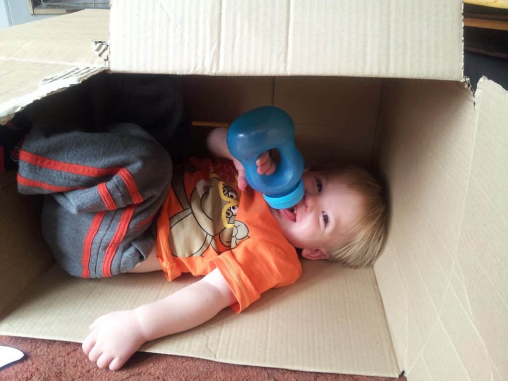 A young child lies inside an open cardboard box, smiling and drinking from a blue beaker. The child wears an orange shirt with a cartoon animal and grey trousers with red stripes. The box is on a brown carpet.