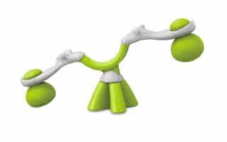 A green and white plastic seesaw toy with rounded seats and bases. The structure has two seats on either end, each supported by a rounded green base, and a central curved support, all designed in a playful, modern style against a white background.