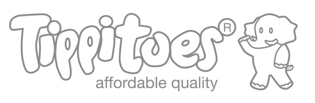 The image shows the "Tippitoes®" logo in rounded, playful letters, with the words "affordable quality" below. To the right, there is a simple, smiling cartoon elephant standing upright and waving. The design is outlined in light grey.