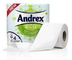 A pack of Andrex Eco toilet tissue with green and white packaging, showing “ECO” and “Soft, natural feel with bamboo.” A single white roll is partly unrolled in front. The packaging highlights it’s a new product and contains 4 rolls.
