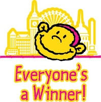 A yellow smiling face cartoon character is in front of yellow London landmarks, including Big Ben and the London Eye. Below, bold text in pink and yellow reads, “Everyone’s a Winner!”.