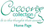 The image shows the logo for "Cocoon Collection" in elegant, teal script. Below, in cursive, it reads "It is the thought that counts." The words "Home Page" appear at the bottom in a simple teal font.