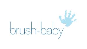 The image shows the "brush-baby" logo in light blue lowercase letters with a light blue handprint above and to the right of the text, all set against a white background.