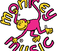 A cartoon monkey with a yellow face and pink body swings by its tail, forming the letter “o” in the playful, colourful text “monkey music”, written in yellow and pink, with the words arranged in a circular pattern around the monkey.