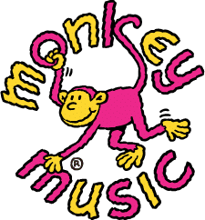 A cartoon monkey with a yellow face and pink body swings by its tail, forming the letter “o” in the playful, colourful text “monkey music”, written in yellow and pink, with the words arranged in a circular pattern around the monkey.