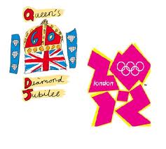 Two logos side by side: on the left, a colourful badge with “Queen’s Diamond Jubilee” and a crown over a Union Jack; on the right, the bold pink and yellow geometric logo of the 2012 London Olympics with the Olympic rings and the word “london”.