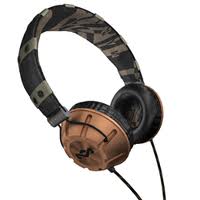 A pair of over-ear headphones with a black and brown camouflage-patterned headband. The ear cups are round, with a matte copper-brown finish and black padding inside. A black audio cable extends from the left ear cup.