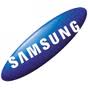 The image shows the Samsung logo: the word "SAMSUNG" in bold white capital letters, centred on a tilted blue oval background with a gradient from dark to light blue, creating a glossy, three-dimensional effect.