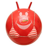 A red hopper ball with two handles features a smiling cartoon face and a red-and-white striped bikini top painted on it. The ball also displays a circular Babybel cheese logo as the character's nose.