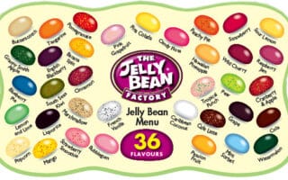 A colourful chart displays 36 jelly beans in various colours, each labelled with a unique flavour such as Butterscotch, Pina Colada, Peachy Pie, Strawberry Smoothie, and Bubble Gum, arranged around a central logo reading “The Jelly Bean Factory”.