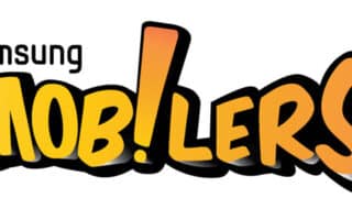 The image shows the "Samsung Mob!lers" logo. "Samsung" is in black, thin font, whilst "MOB!LERS" is bold, yellow with a black outline. The exclamation mark in "MOB!LERS" replaces the “I” and is orange, standing out in the centre of the word.