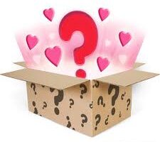 A cardboard box decorated with black question marks sits open, revealing a large red question mark and several pink hearts floating out, suggesting a sense of mystery and surprise with a hint of affection or love.