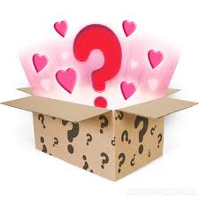 A cardboard box decorated with black question marks sits open, revealing a large red question mark and several pink hearts floating out, suggesting a sense of mystery and surprise with a hint of affection or love.