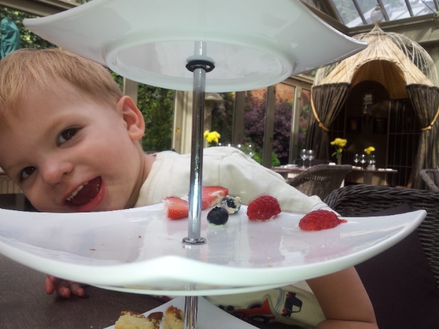 A smiling young child leans next to a mostly empty two-tiered white dessert stand. Only a few raspberries, a blueberry, and a strawberry slice remain. The background shows a bright, airy room with wicker chairs, tables, and large windows.