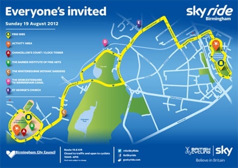 A colourful map for Birmingham’s Sky Ride 2012 shows a highlighted cycling route through the city, starting at St. George’s Church and passing landmarks like the University of Birmingham and Botanical Gardens. Key areas are marked with icons and event details.