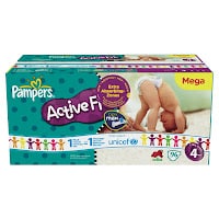 A box of Pampers Active Fit nappies, Mega pack, size 4. The box shows a baby in a nappy bending over on a light carpet. Branding, colourful graphics, and Unicef partnership information appear on the packaging.