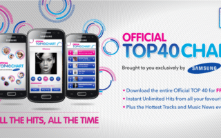 Three smartphones display the Official Top 40 Chart app. Text promotes the chart, featuring phrases like "All the hits, all the time," and highlights free downloads, unlimited hits, and daily music news. Samsung logos and vibrant graphic elements decorate the background.