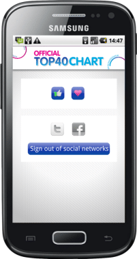 A Samsung mobile displays an app screen titled "OFFICIAL TOP 40 CHART" with thumbs up and heart icons, Twitter and Facebook buttons, and a blue "Sign out of social networks" button. The phone shows the time as 14:47.