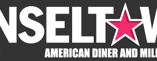 White bold text reads "TINSELTOWN" on a dark background. The "O" is replaced with a pink star. Below, smaller white text says "AMERICAN DINER AND MILKSHAKE BAR.