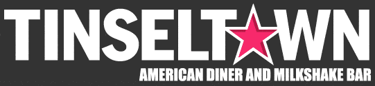 White bold text reads "TINSELTOWN" on a dark background. The "O" is replaced with a pink star. Below, smaller white text says "AMERICAN DINER AND MILKSHAKE BAR.