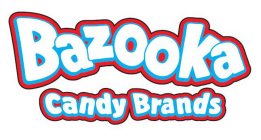 The image shows the Bazooka Candy Brands logo with “Bazooka” in large, bold, white bubble letters outlined in blue and red, and “Candy Brands” below in smaller bubble letters with the same colours, all on a plain white background.