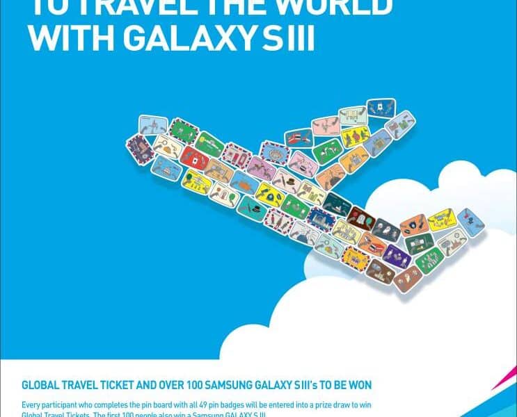A promotional poster features Samsung Olympic Games pins arranged in the shape of an aeroplane, with bold text: “Collect Samsung Olympic Games Pins to Travel the World with Galaxy S III.” Prize and competition details appear below, with Samsung and Olympic logos at the bottom.