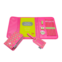 A pink stationery set with yellow stars, including a notebook, five pencils, a sharpener, a rubber, a small pouch, and a luggage tag, all neatly arranged in a pink zip-up case with a matching mini notebook and pen on the side.