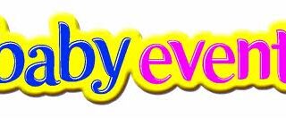 The image displays the words "baby event" in lowercase, playful font. "Baby" is in blue, "event" is in pink, and both words have a thick, bright yellow outline. The background is white, giving a cheerful, eye-catching appearance.