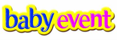 The image displays the words "baby event" in lowercase, playful font. "Baby" is in blue, "event" is in pink, and both words have a thick, bright yellow outline. The background is white, giving a cheerful, eye-catching appearance.
