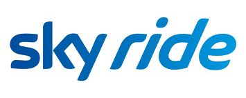 The image shows the words "sky ride" in bold, rounded lowercase blue letters. The text has a gradient effect, fading from a darker blue at the top to a lighter blue at the bottom, set against a plain white background.