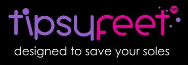 The image shows the logo for "tipsyfeet" in lowercase, with "tipsy" in purple and "feet" in pink, followed by a trade mark symbol. Below, white text reads “designed to save your soles” on a black background.