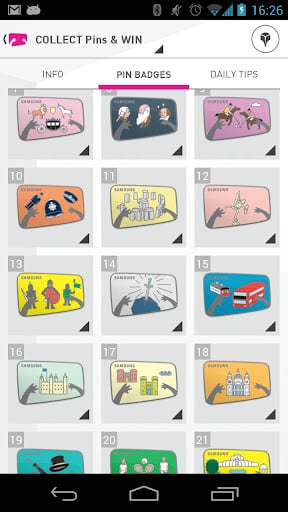 A smartphone screen displays a grid of colourful illustrated pin badges, each in a rounded rectangle, with icons like hands holding tickets, buses, famous landmarks, and groups of people. Tabs at the top read "INFO," "PIN BADGES," and "DAILY TIPS.